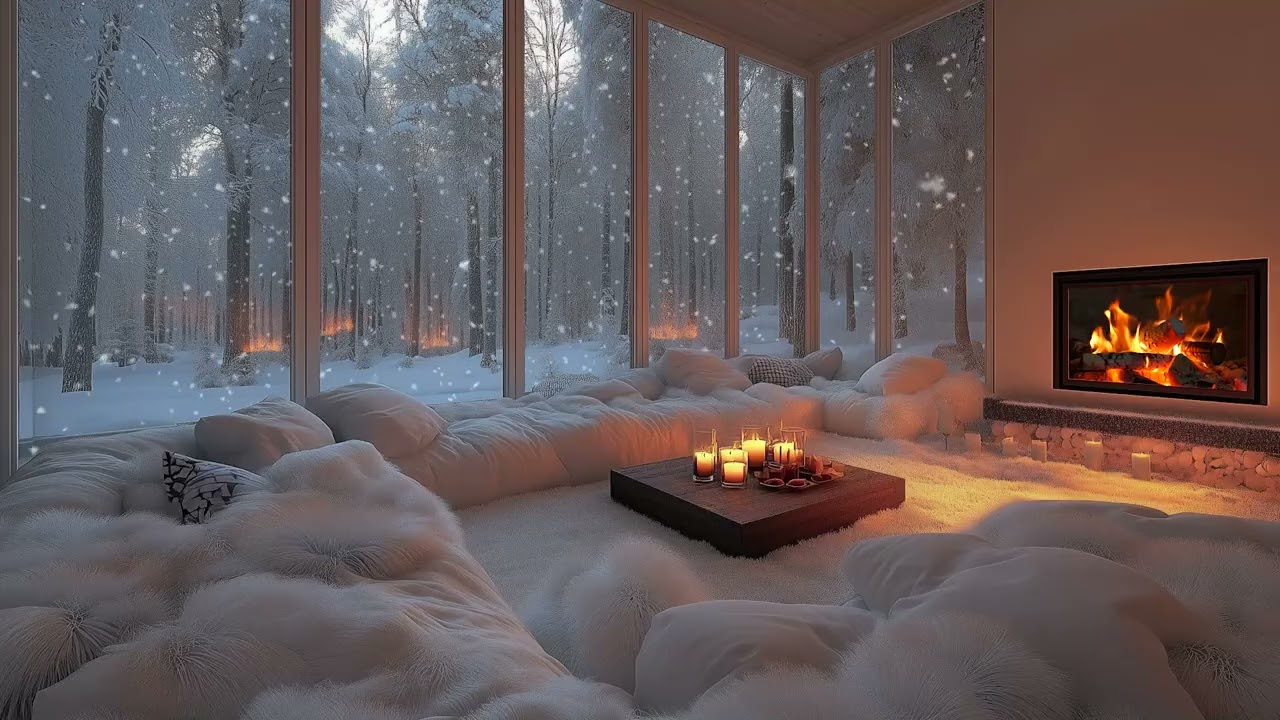Gentle Winter Piano Music with Fireplace Crackles and Snow Outside a Warm Cozy Room