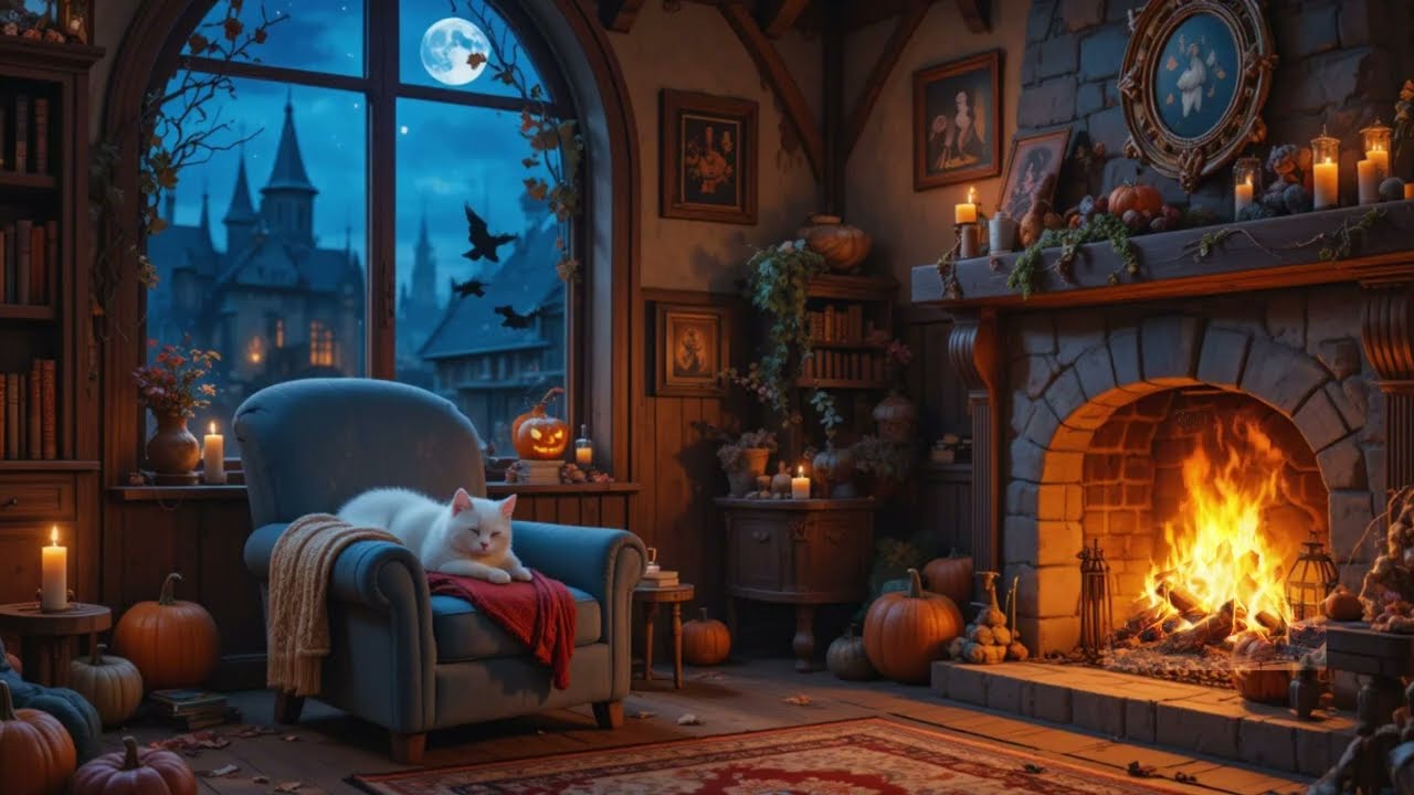 🌙 Cozy Halloween Night w/ Cat & Fireplace 🐱 | Magical Autumn Ambience #CozyVibes #HalloweenMagic