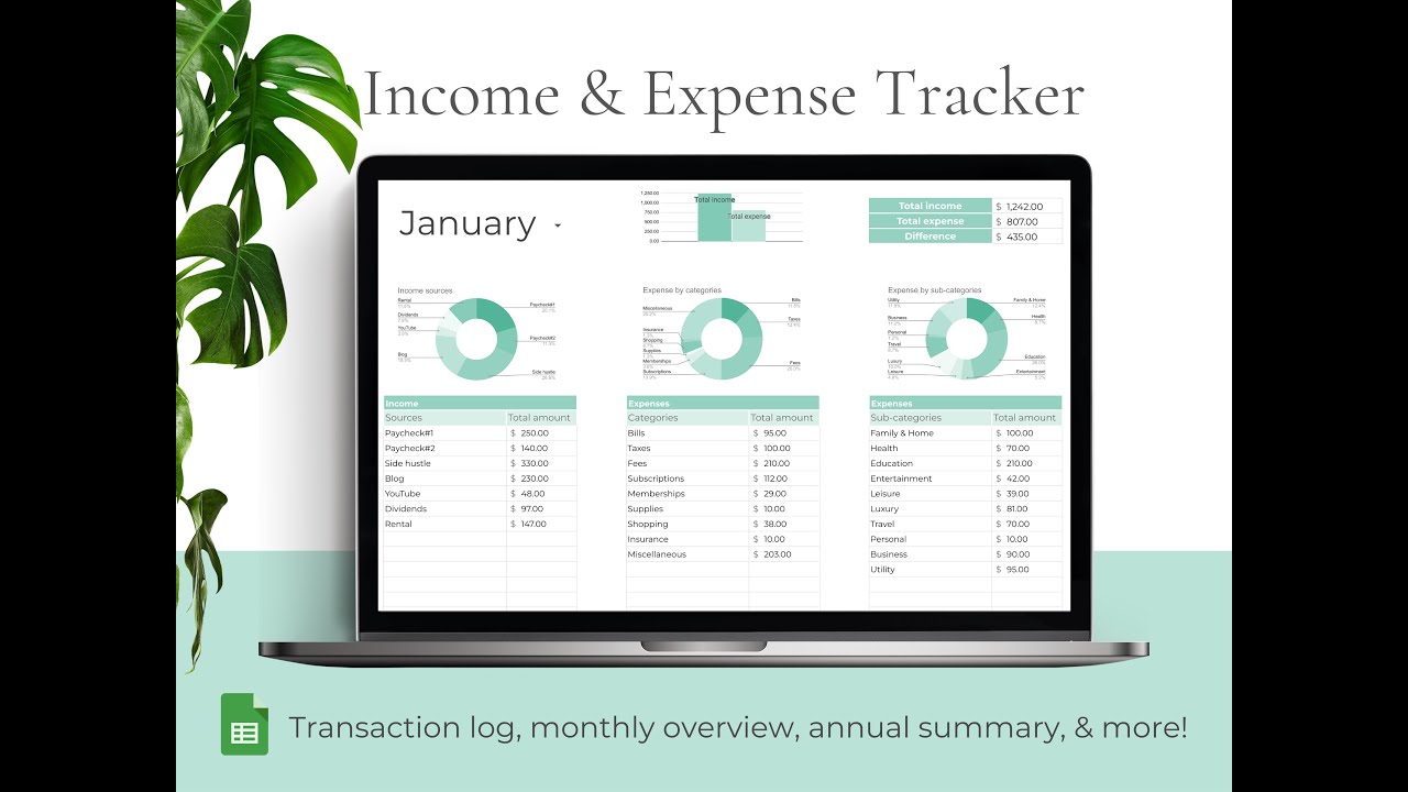 Income and Expense Tracker Google Sheets Template &mdash; Digital Spreadsheet with Dashboard & Yearly Stat