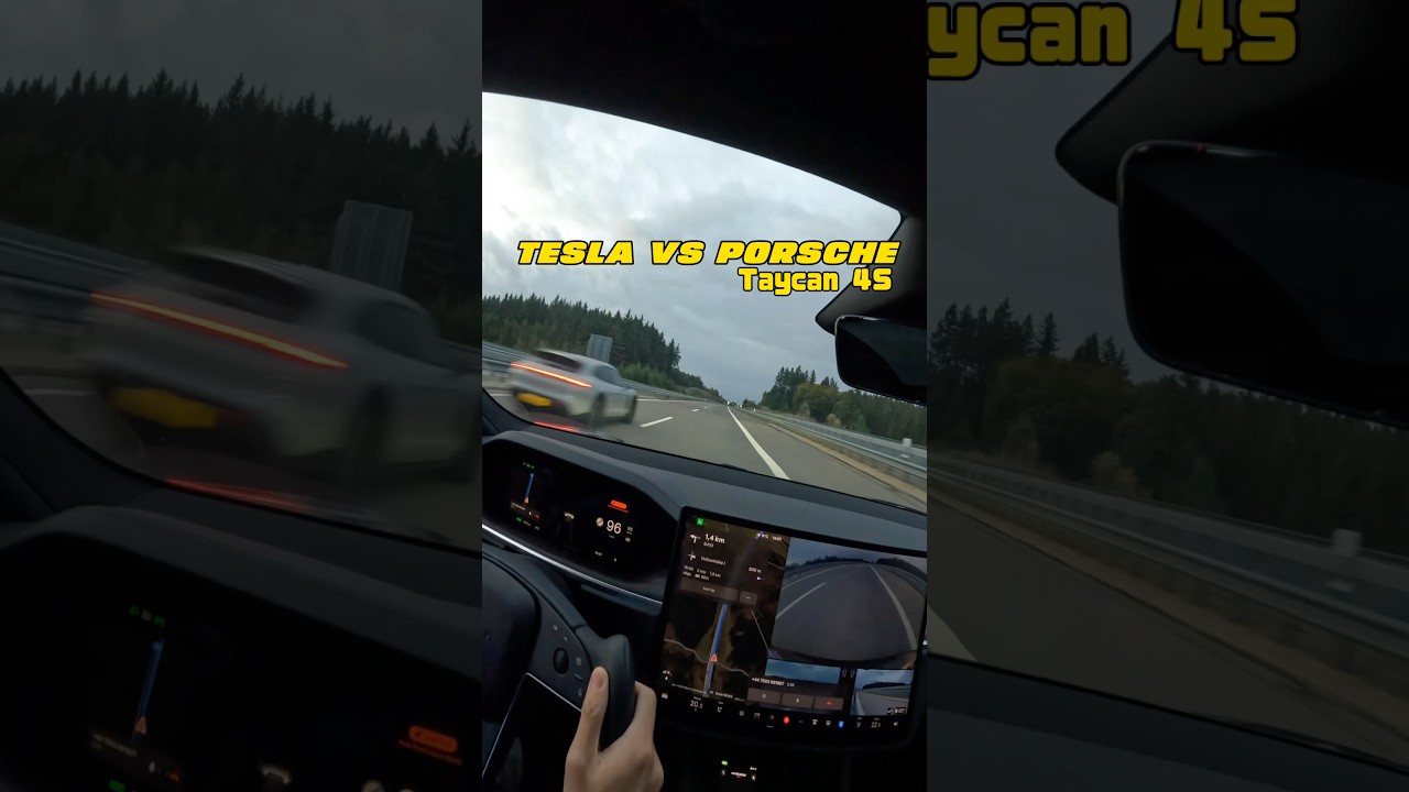 Cheapest Tesla Model S vs Porsche Taycan 4S Cross Turismo on German autobahn! Tesla SoC 80%