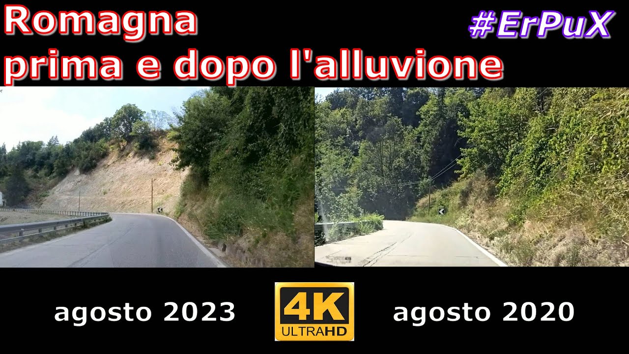confronto strade Romagna prima e dopo l'alluvione, da Predappio a Ponte Fantella
