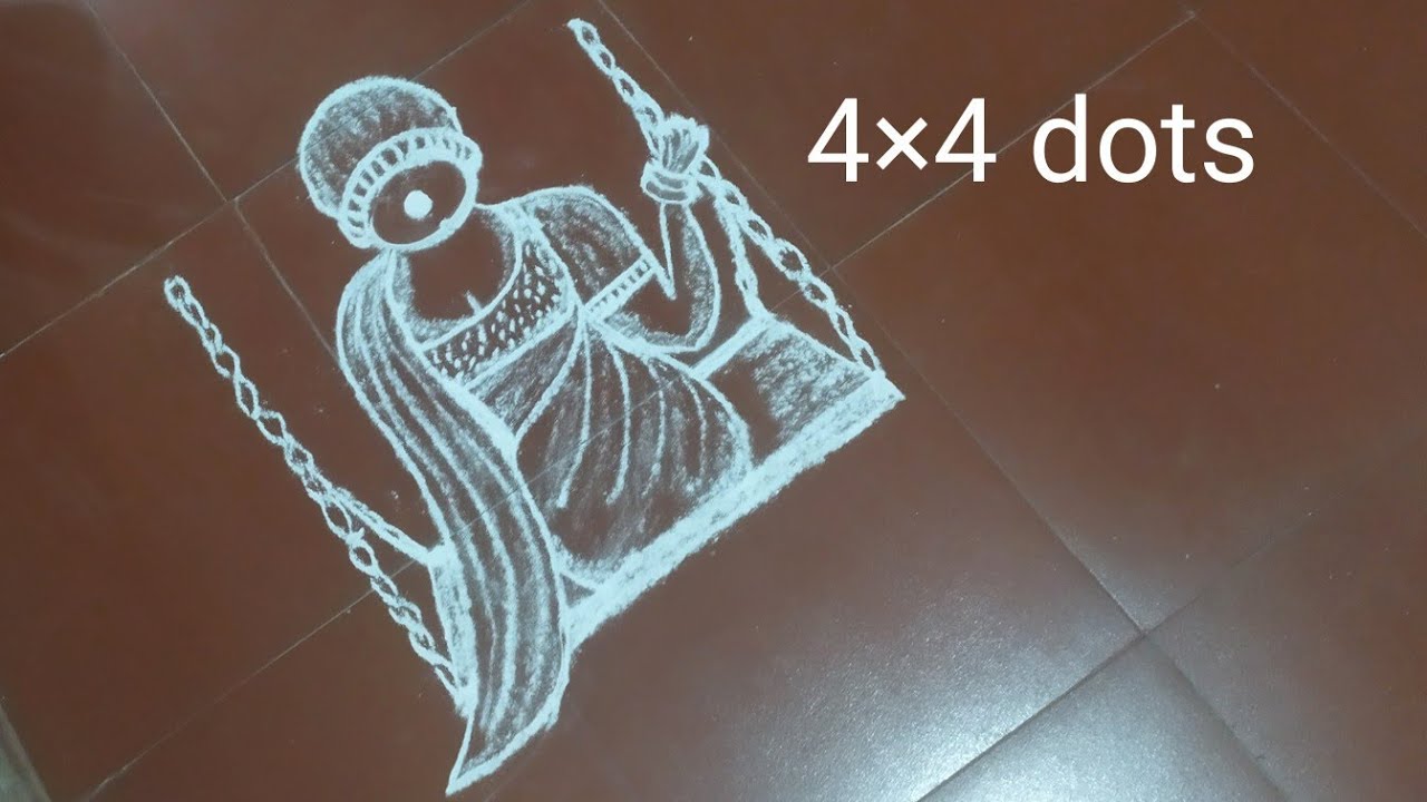 How to draw 4&times;4 dots easy cute girl rangoli design / how to make easy girl rangoli without colour