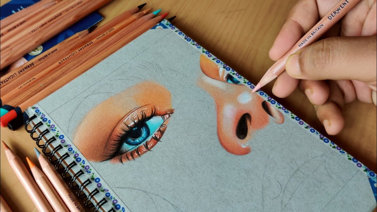 Drawing NOSE with Derwent LIGHTFAST colour pencils - Set of 72