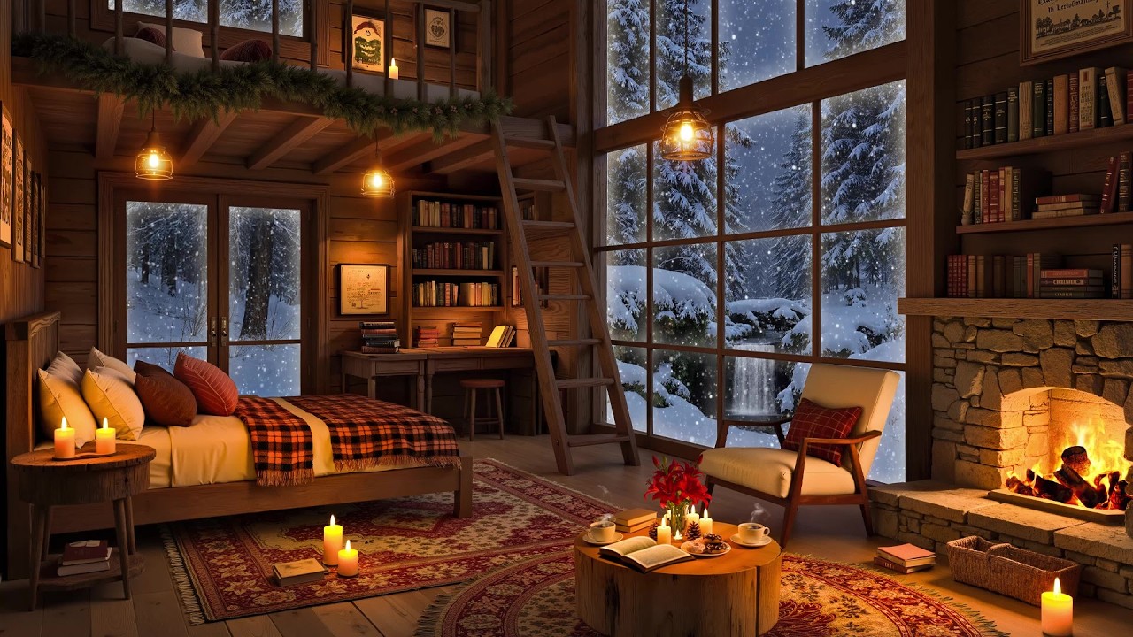 Jazz Relaxing Music in a Cozy Cottage Ambience | Fireplace Sounds & Snowfall for Sleep & Calm