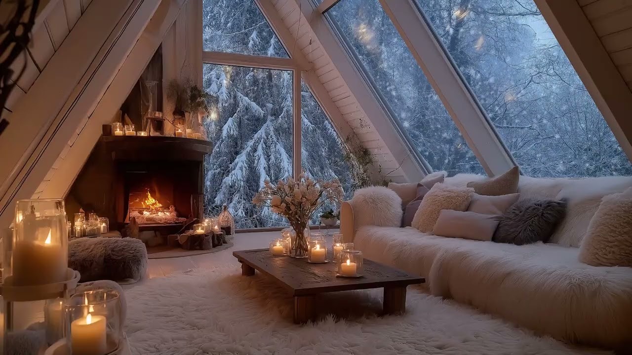 Cozy Winter Lounge Piano Ambience | Fireplace Warmth & Snowfall | Deep Focus Relax Meditation