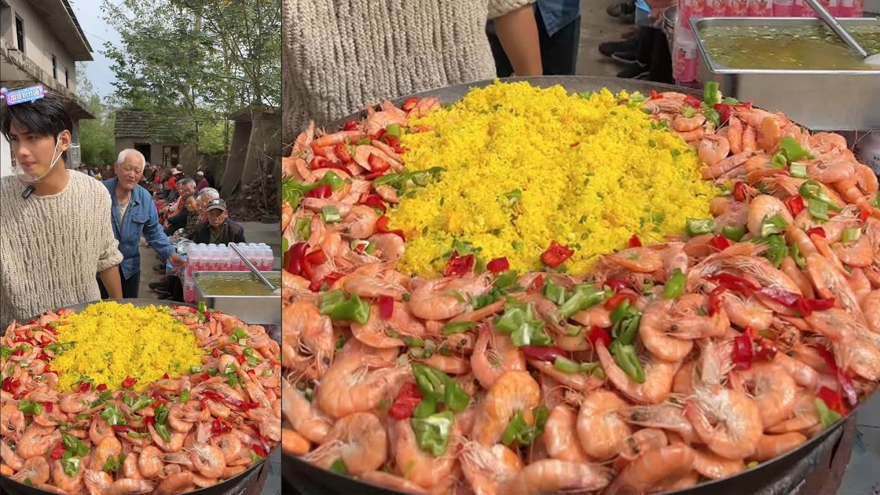A Handsome Chinese Guy Cook Free Meals / Shrimps Rice Food for the elders on the Street in a Village