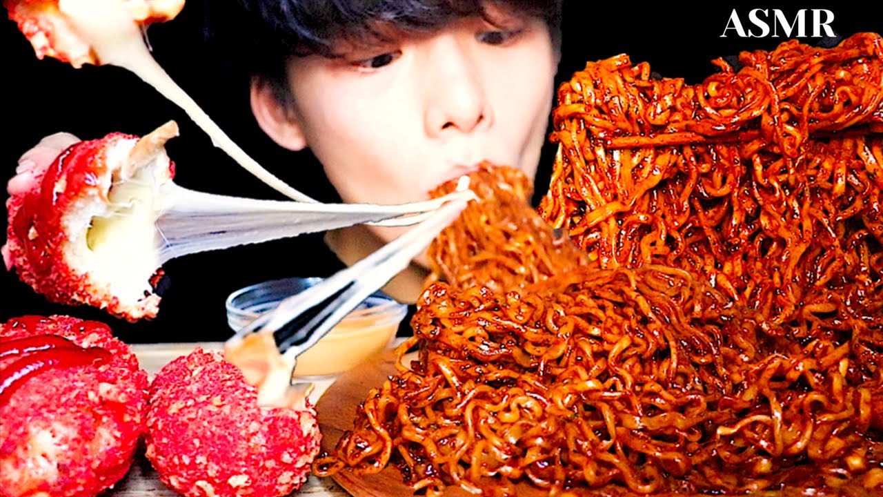 ASMR BLACK BEAN CARBONARA SPICY CURRY NOODLES + MOZZARELLA CORN DOGS (Eating Sound) | MAR ASMR
