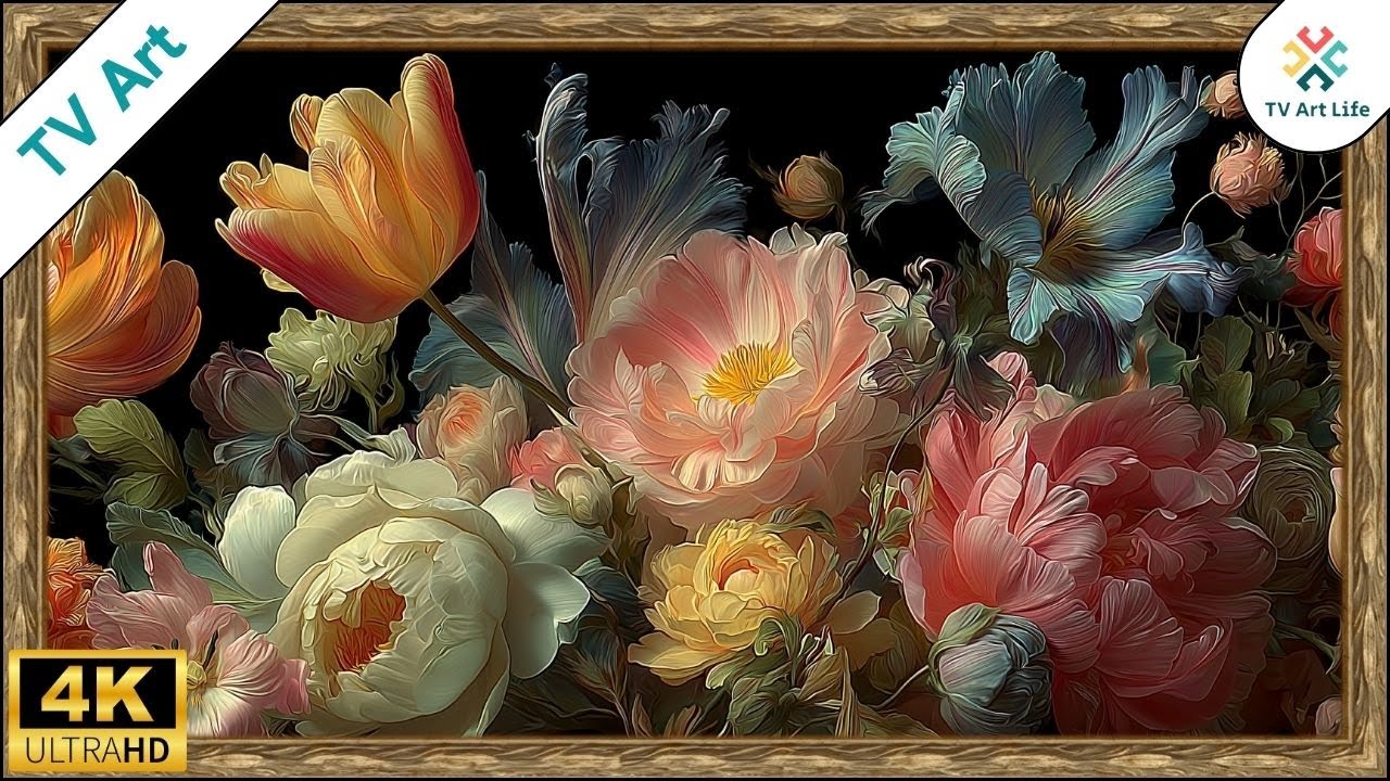 Romantic Dark Florals | Classic Flower Painting | Gold Frame TV Art | 4Hrs 4K
