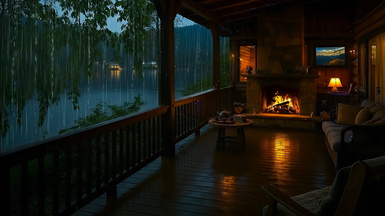 🌧️ Fall Asleep in 5 Minutes with Gentle Rain & Crackling Fire | Cabin Porch Rain by Forest Lake