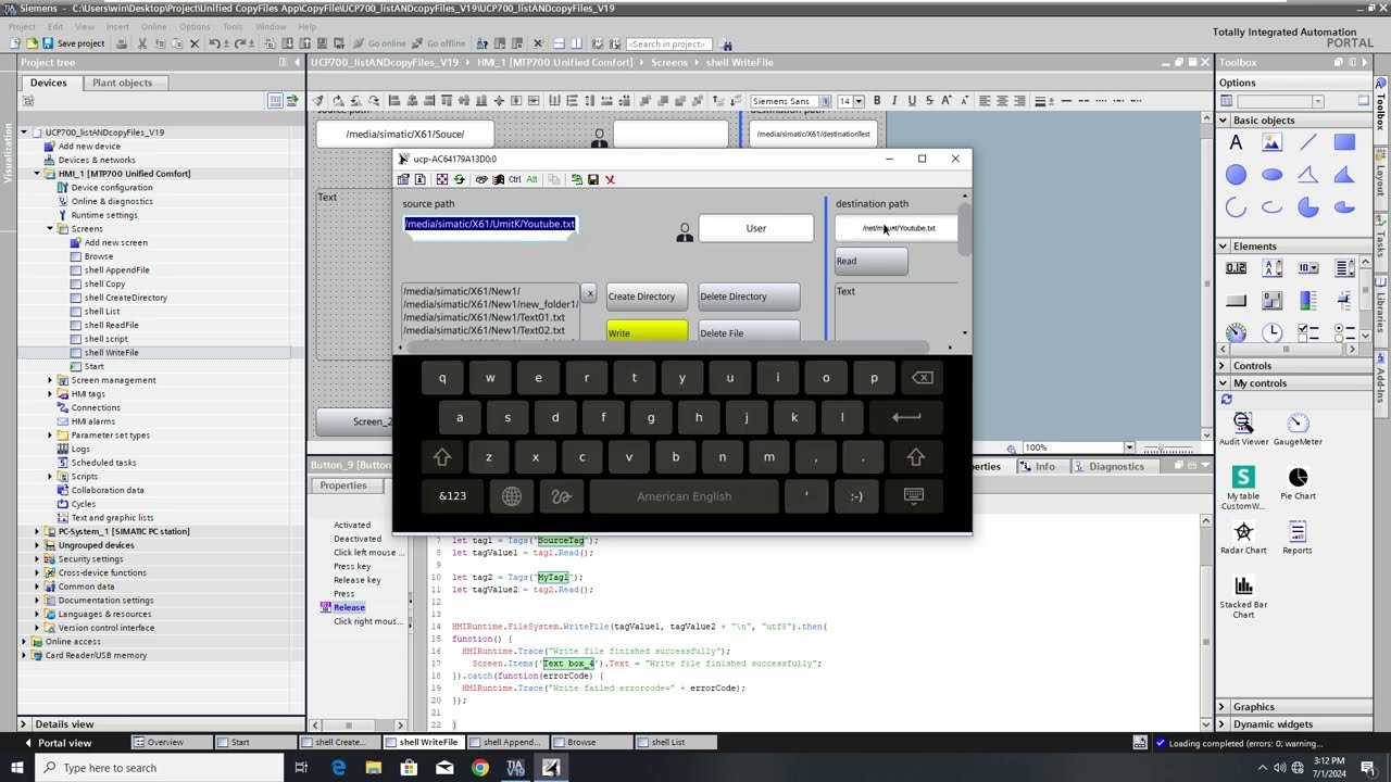 WinCC Unified File Browser Txt dosyaya veri yazmak