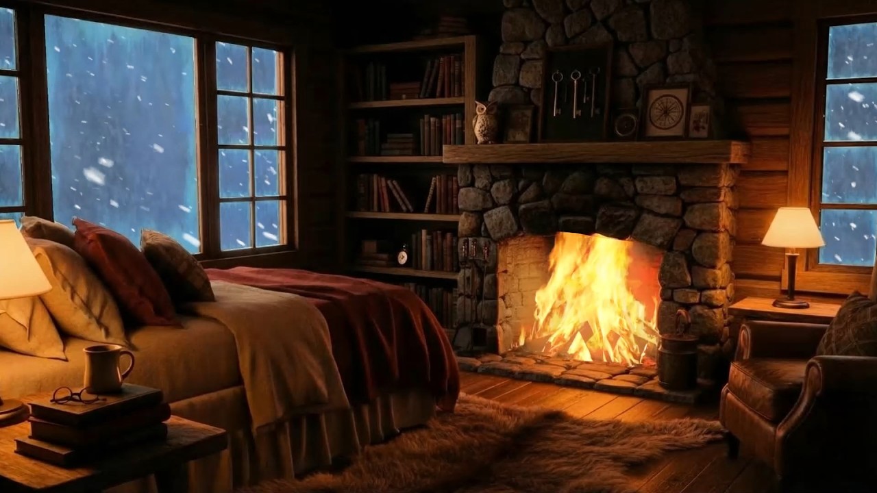 Blizzard & Fireplace Ambience 🏡 | Howling Winds and Cozy Fire for Deep ASMR Sleep
