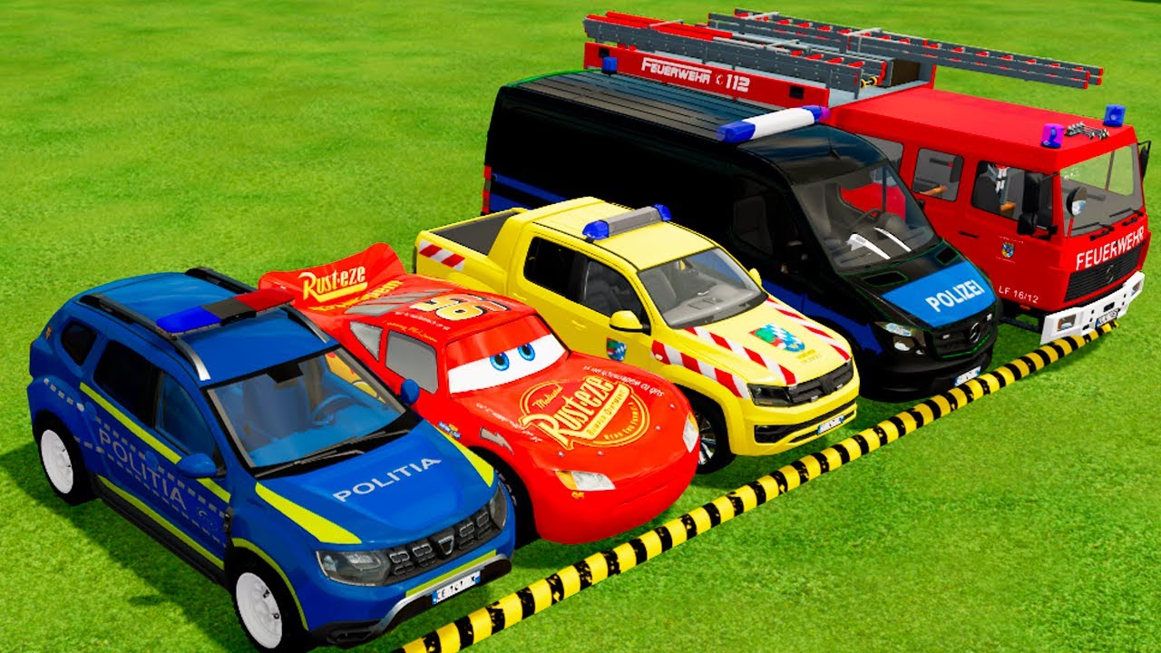 DACIA, MCQUEEN CAR سيارة ماكوين FORD POLICE CARS, AMBULANCE EMERGENCY TRANSPORTING WITH TRUCKS! #10