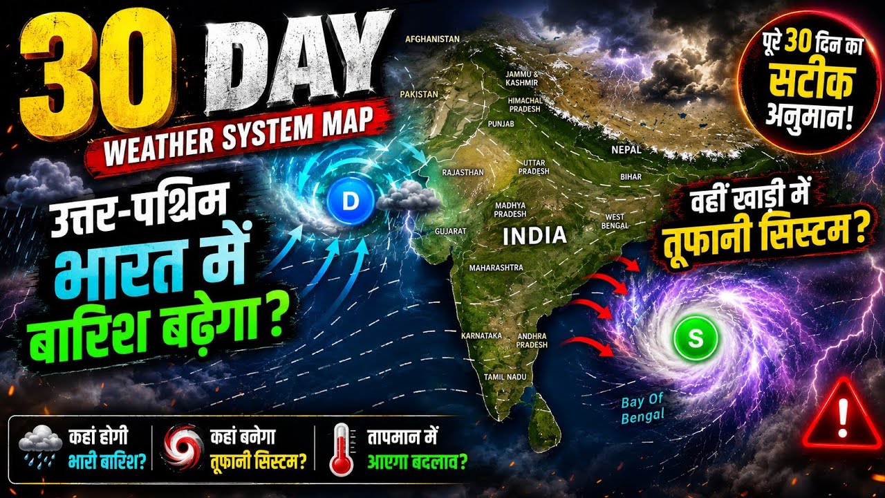 30 Day Weather System Map : उत्तर-पश्चिम भारत में बारिश बढ़ेगा? वहीं खाड़ी में तूफानी सिस्टम?