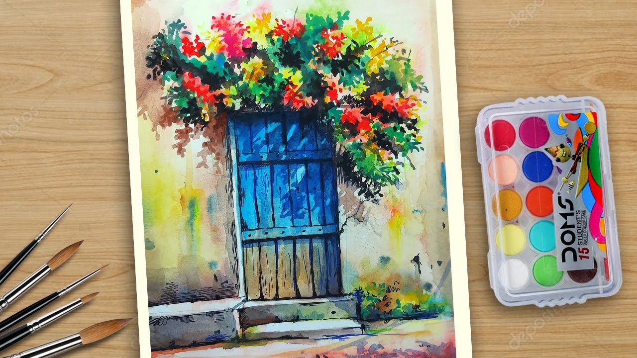 Easy Watercolor Drawing Ideas for Beginners Step by Step | Beautiful Flower tree and  Door Drawing