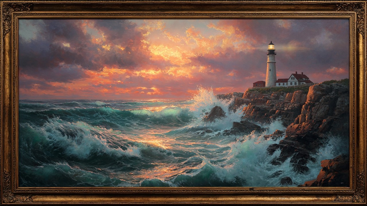 Dramatic Lighthouse Storm Seascape | Crashing Ocean Waves at Sunset | Frame TV Art (4K Screensaver)
