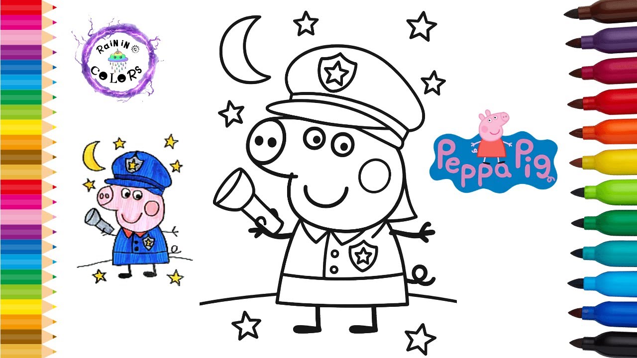 Peppa Pig Wearing A Police Officer Costume Cute Easy Drawing And Coloring #peppapig #rainingcolors