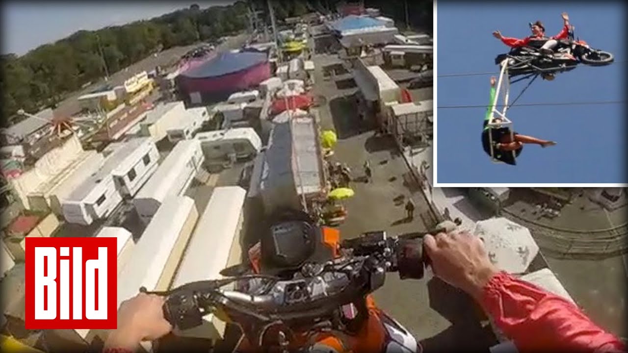 GoPro extrem: Motorrad fliegt über Leipzig ( Hochseil / Messe / Stunt )