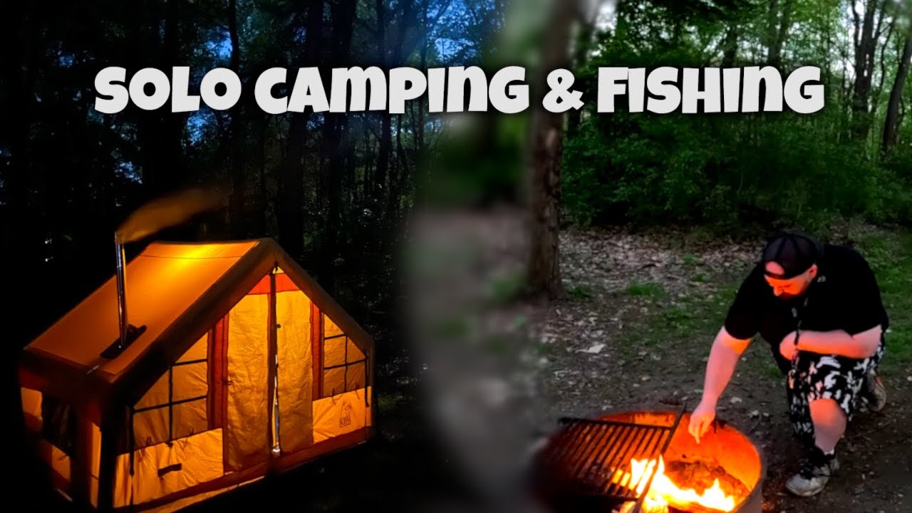 Inflatable tent solo camp & fish | hot tent camping