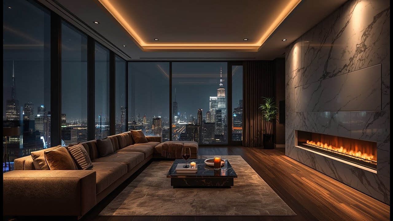 Luxury City Night Lounge 🌃✨ Relaxing Music Ambience | Cozy High-Rise Living Room 4K