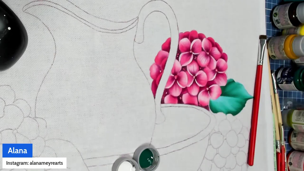 Como pintar hortensias/ Aula de Pintura em Tecido – Conjunto Antigo de Jarra e Bacia com Hortênsias