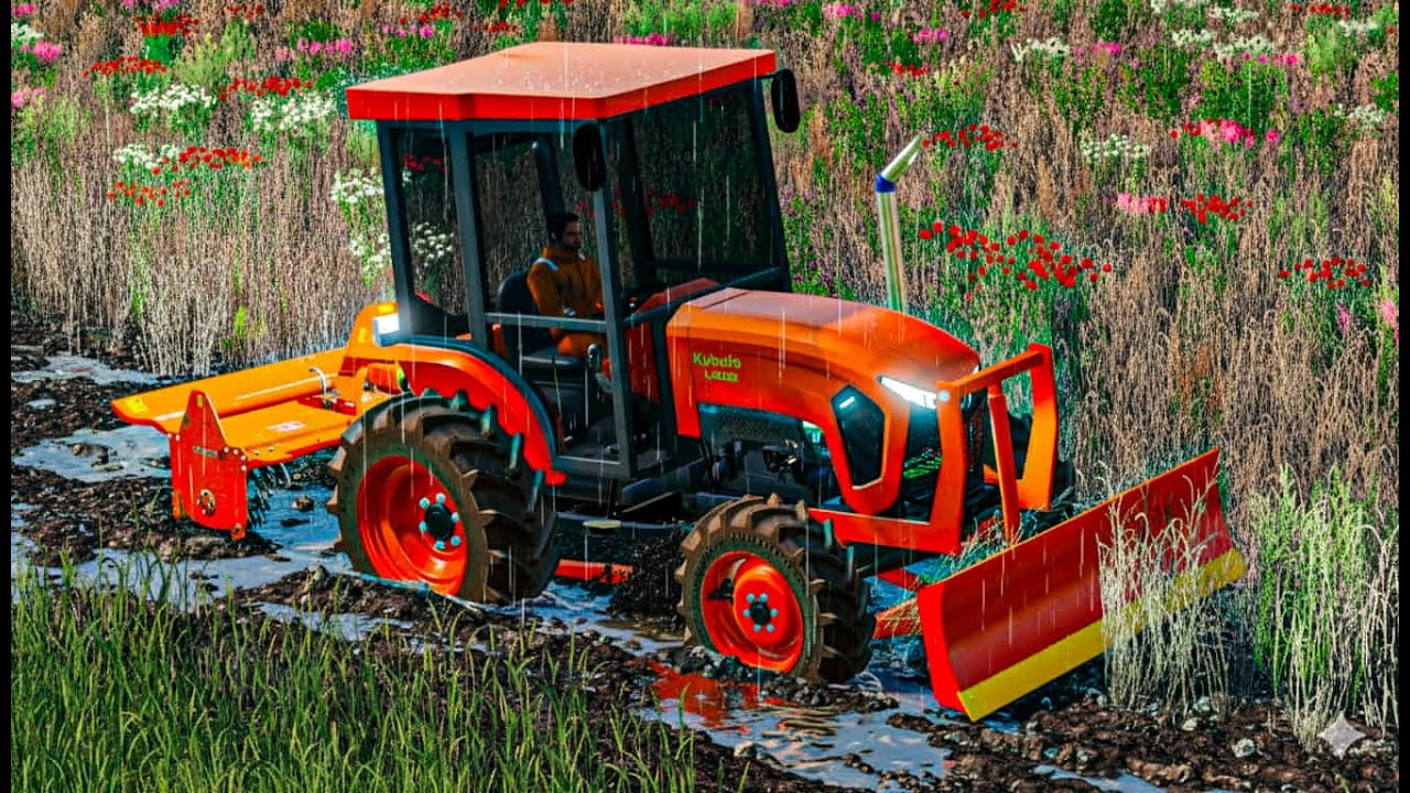 Трактор Kubota с кондиционером проезжает сквозь сильный дождь и штормы в FARMING SIMULATOR 19