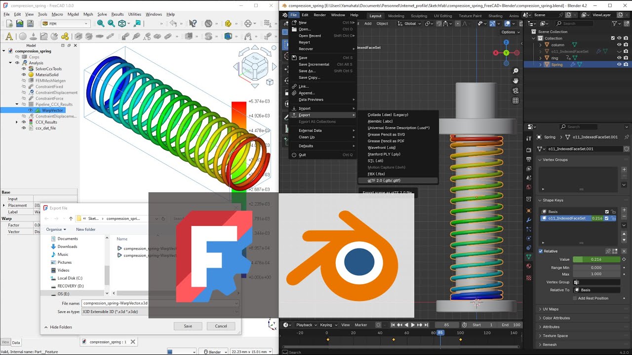 Tutorial: Simulate and Animate a Compression Spring Using FreeCAD 1.0 and Blender 3.6