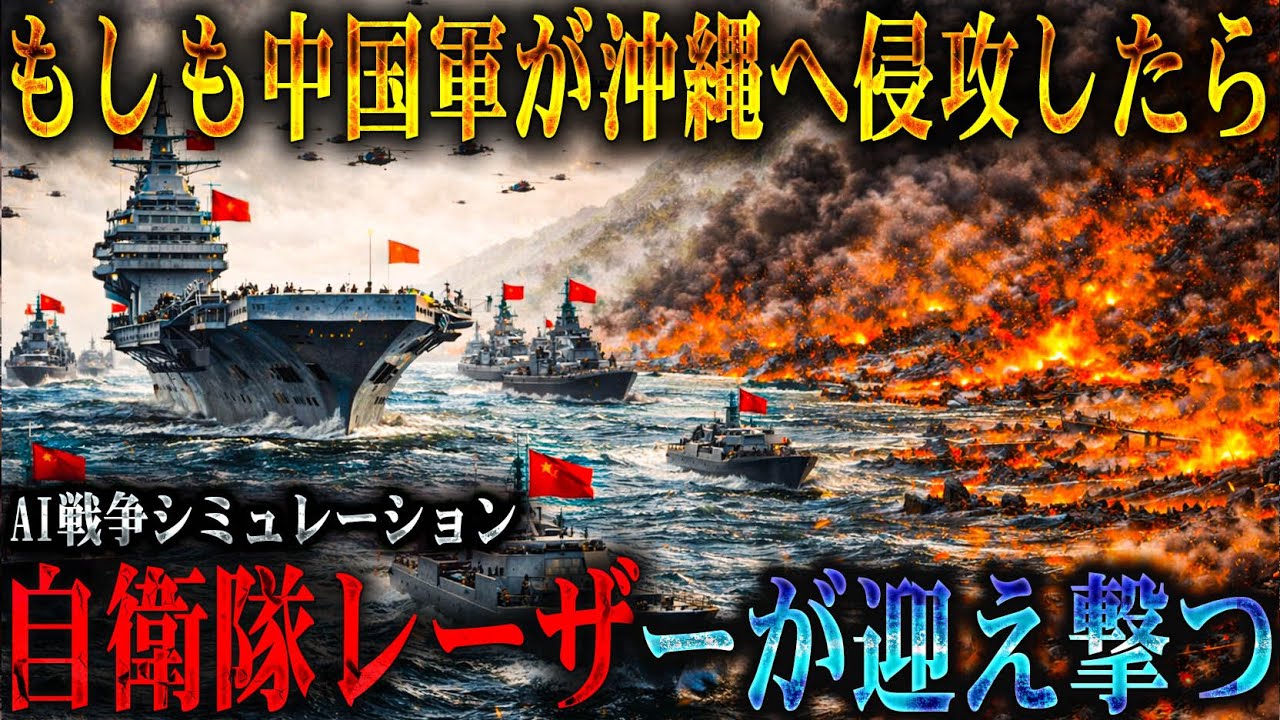 【光と電磁の反撃】もしも中国軍が沖縄へ大規模侵攻しAIドローンと空母艦隊で制圧を狙ったら、日本が秘密裏に配備したレーザー兵器と最終形態レールガンは戦況をどこまで逆転できるのか？【AIシミュレーション】