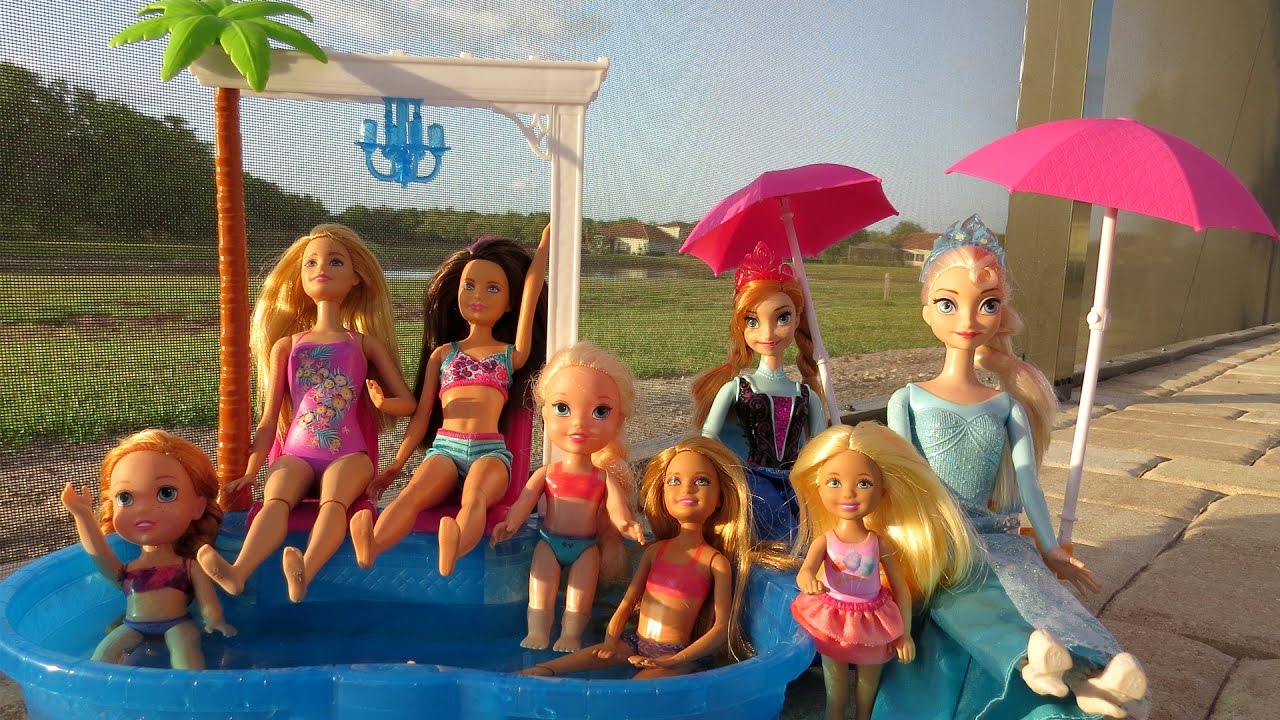 POOL Fun ! Ice Prank - Elsa & Anna toddlers - Barbie's New Car - Swimming - Splash - Water - Slide