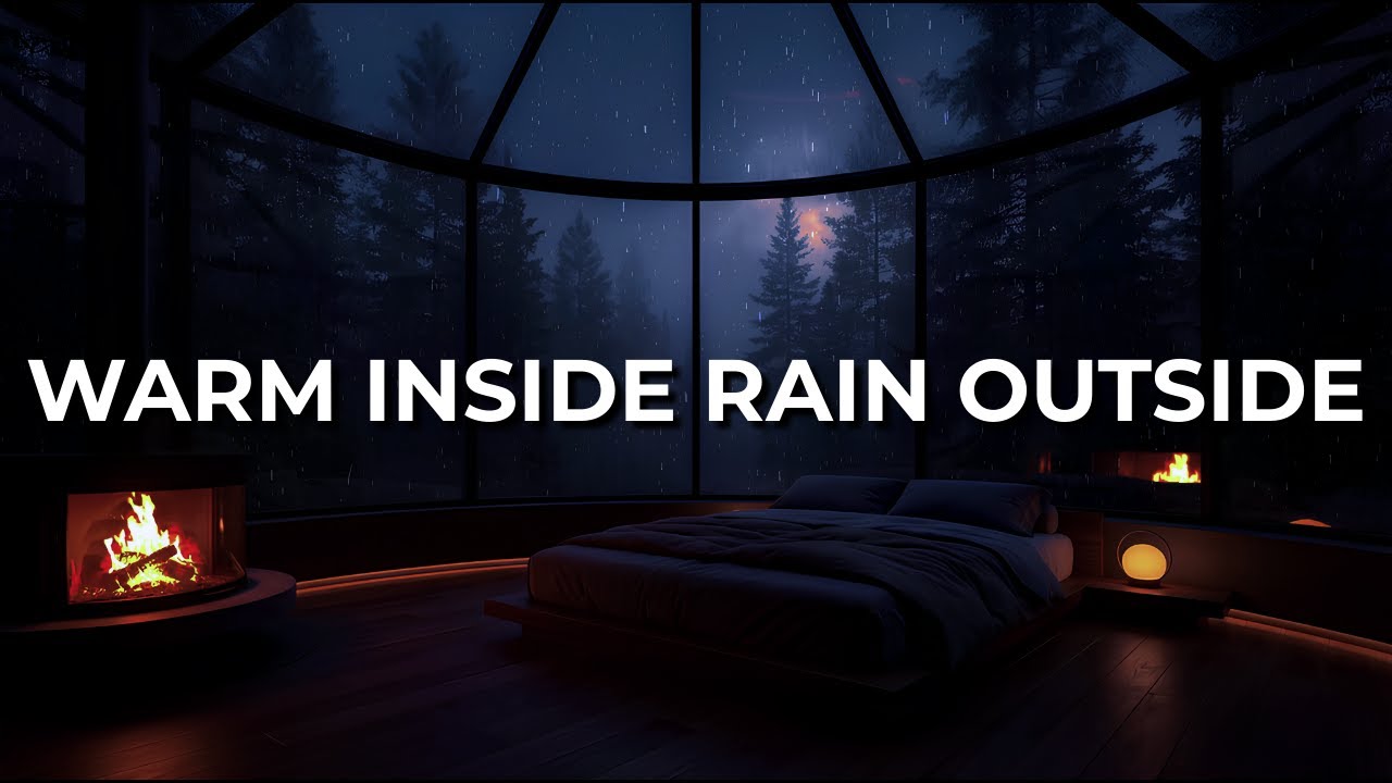 Rainy Night in a Glass Cabin | Soft Jazz, Fireplace & Forest Rain Ambience (3 Hours)