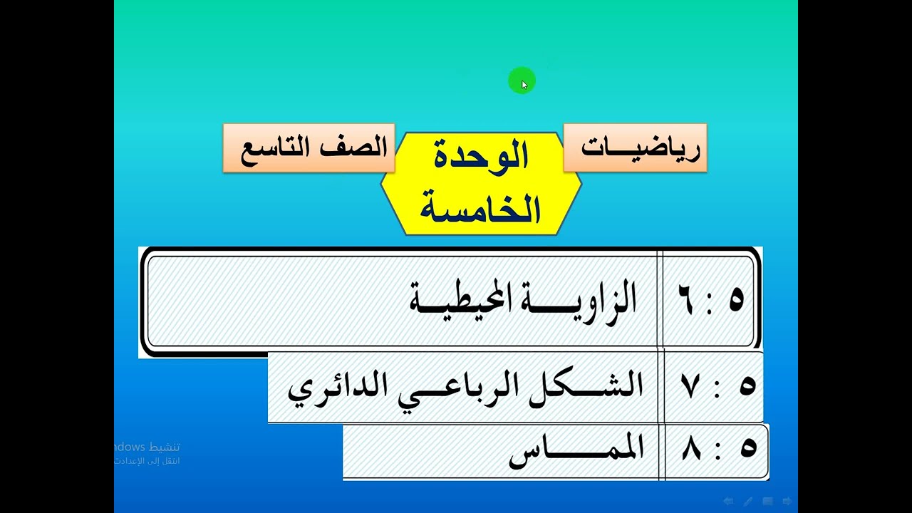 الوحدة الخامسة   الهندسة  - الدرس الثالث - الزاوية المحيطية ، الشكل الرباعي الدائري ، المماس