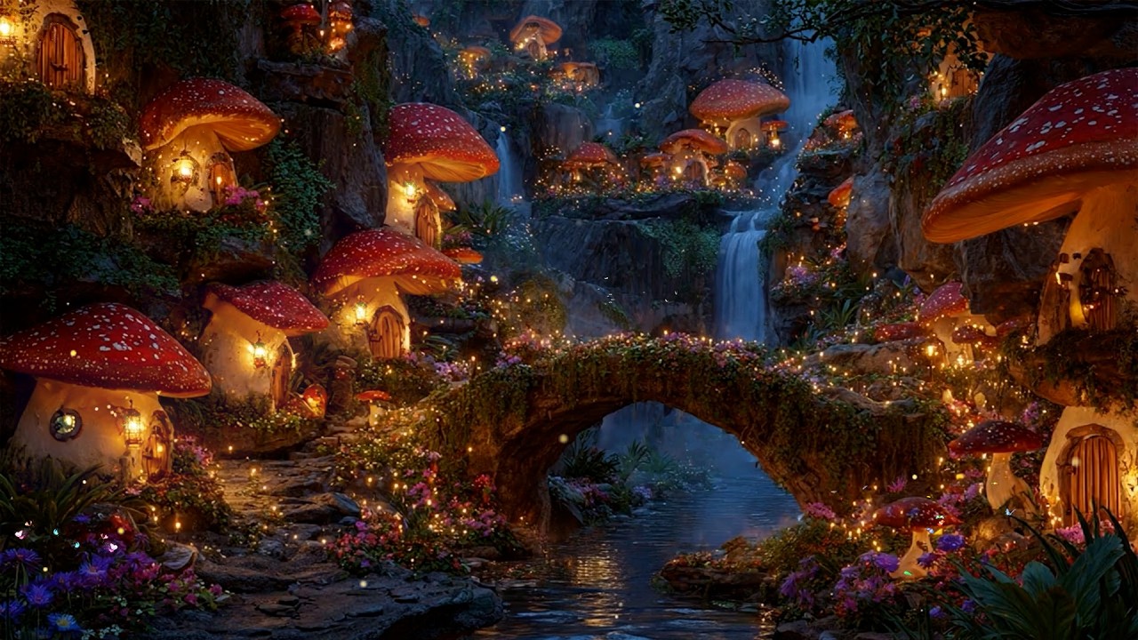Mysterious Fairy Mushroom Village 🍄 Enchanted Forest Music & Waterfall | ASMR Ambience