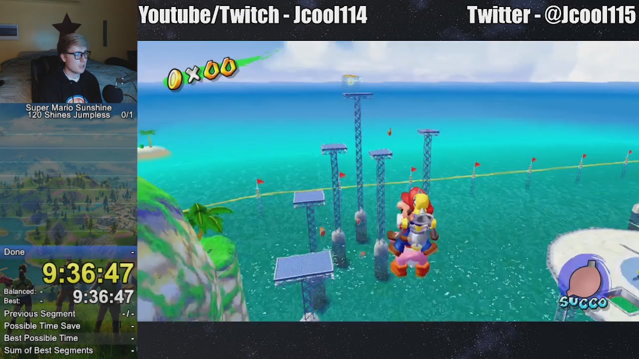 [WR] Super Mario Sunshine Jumpless All 120 Shines (100%) Speedrun in 10:37:49 - Jcool114