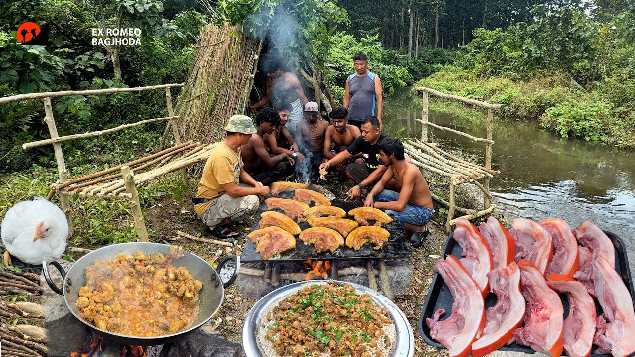 Wildlife Bushcraft Near River Cooking Pork in Rock Over Fire Chicken Gravy with Puffed Bitten Rice