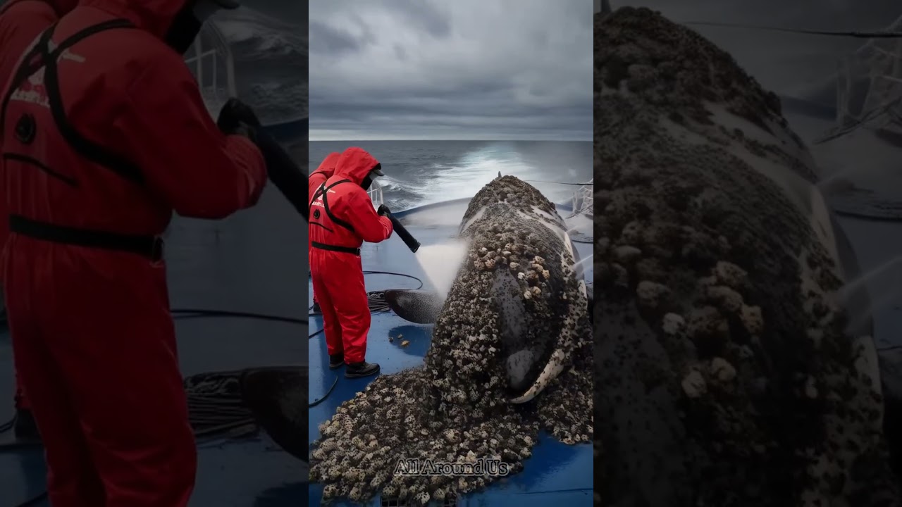 &iexcl;Horror en la Naturaleza! Ballena Atrapada en Percebes Recibe un Lavado Salvavidas #rescate #short