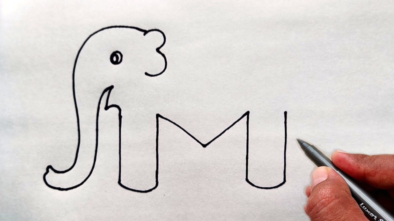 Elephant Drawing | How to draw elephant from letter M | Elephant drawing tutorial