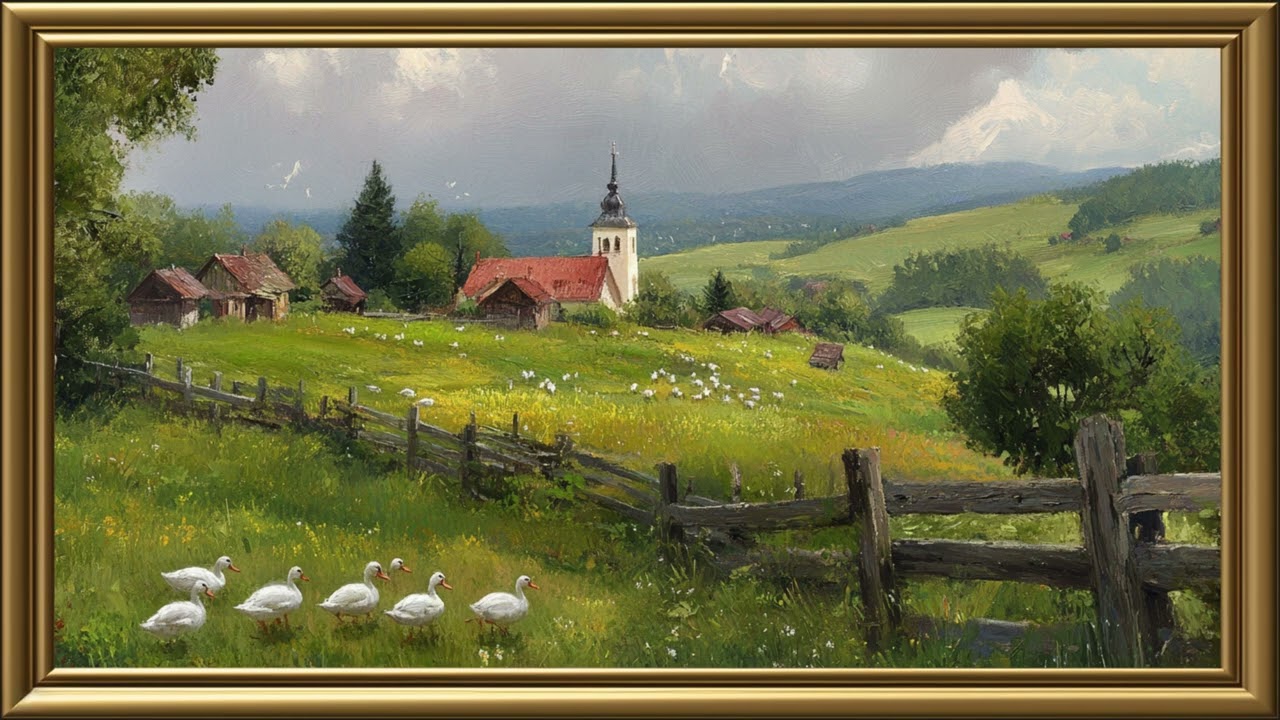 Vintage Farmahouse Landscape Painting | Gold Frame TV Art | Art Screensaver for TV 2 Hrs