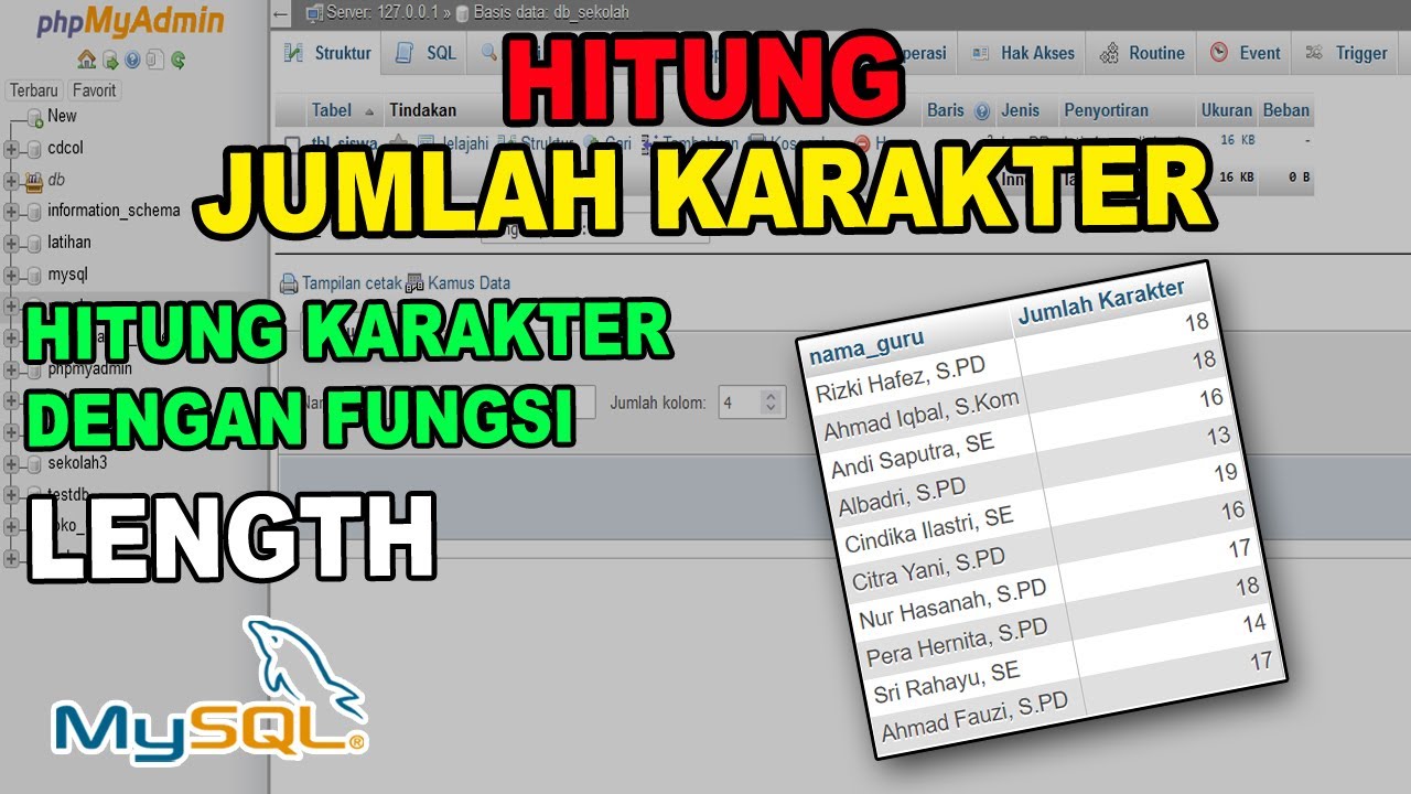 Query SQL - Menghitung Jumlah Karakter pada Kolom dengan Fungsi LENGTH di MySQL | Query SQL Tutorial