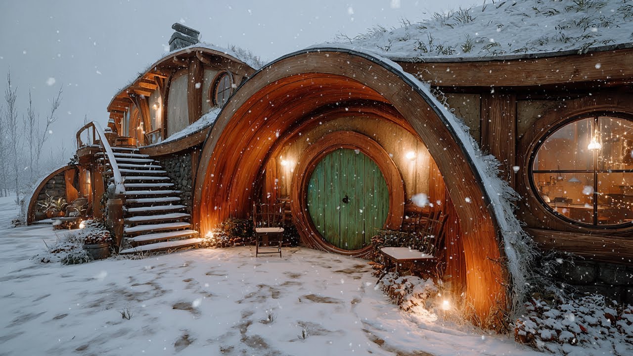❄️ Peaceful Hobbit House Surrounded by Snow for Relaxation | Enchanted Music & Snow Falling Sounds