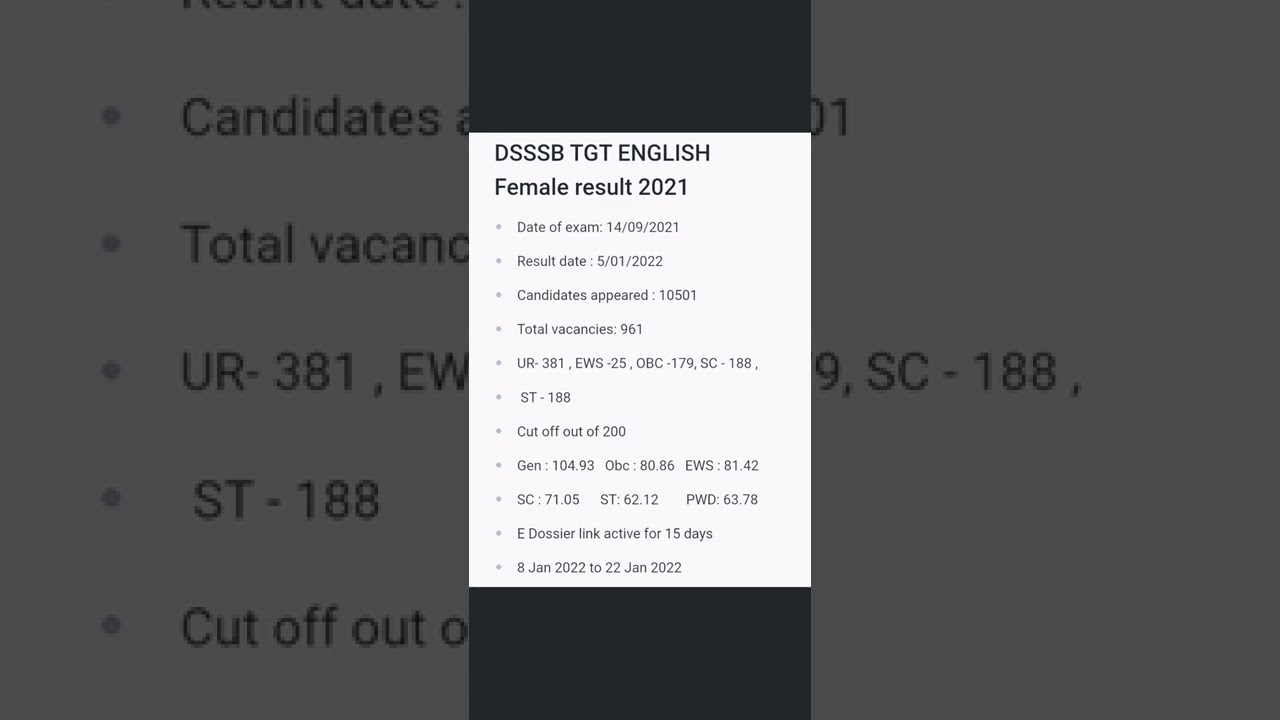 DSSSB TGT English female result 2021| All details | Cut off | Total seats