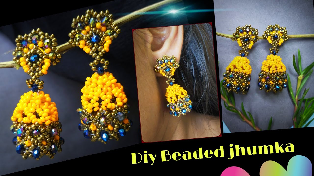 Handmade jhumka Earring with orange colored beads Diy Earrings