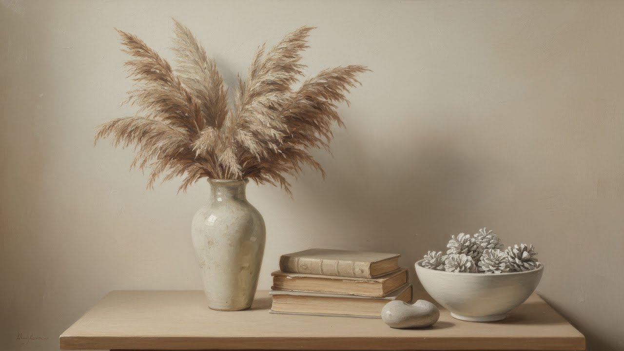 Frame TV Art 4K - Serene Pampas Grass Books Pinecones - Warm Neutral Vibe