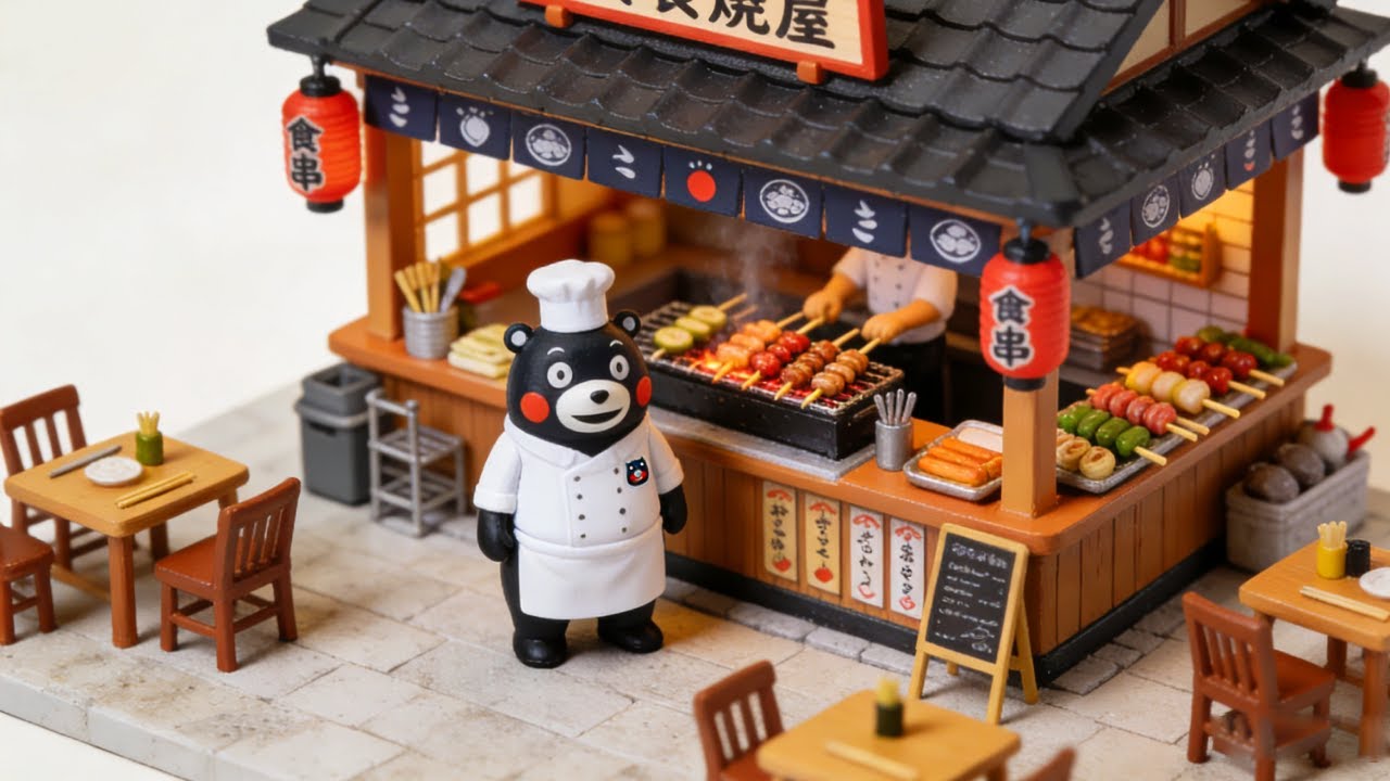 熊本熊转行开烧鸟店啦！🍢🐻 微缩食玩太逼真，看着都饿了！# 国产积木 #大人也要玩玩具