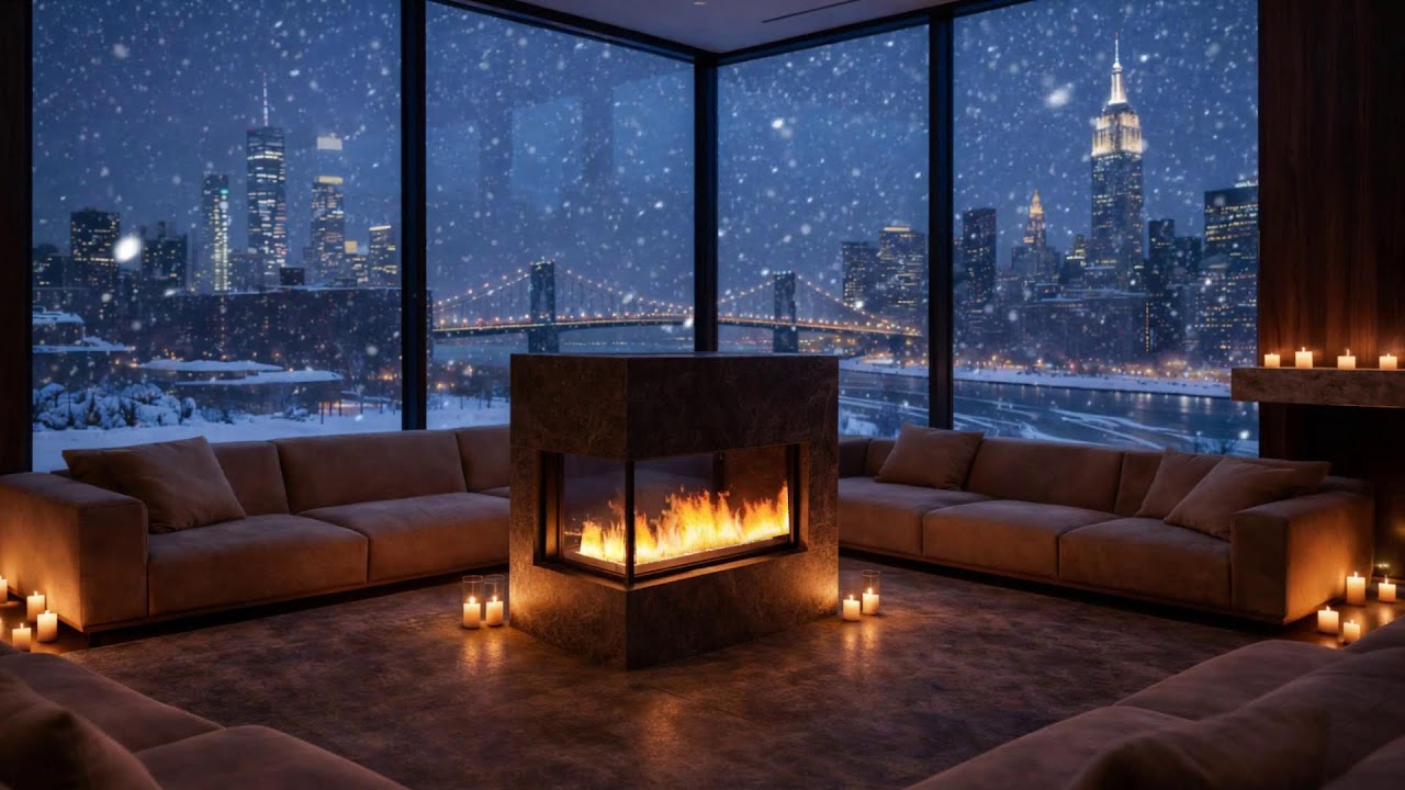 Cozy Winter Jazz  Snowfall & Fireplace for Deep Work