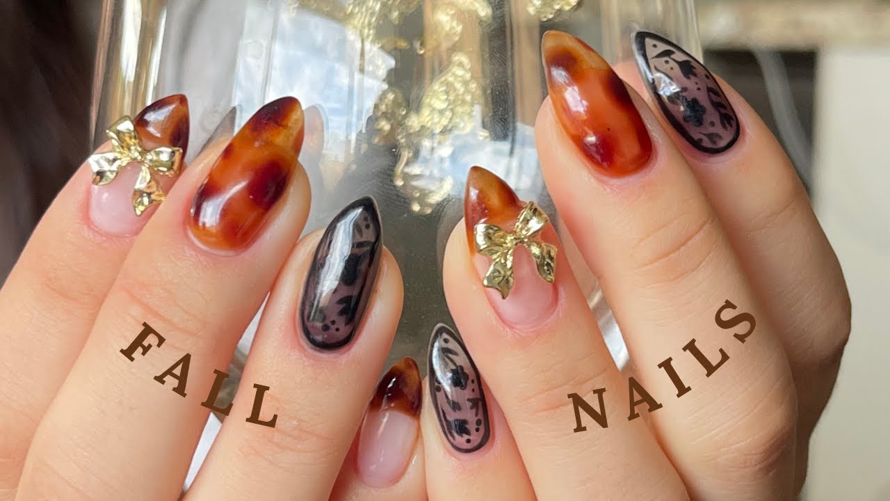 easy fall nails at home! (black floral mesh + tortoise design) | self nail | nail art | nail asmr