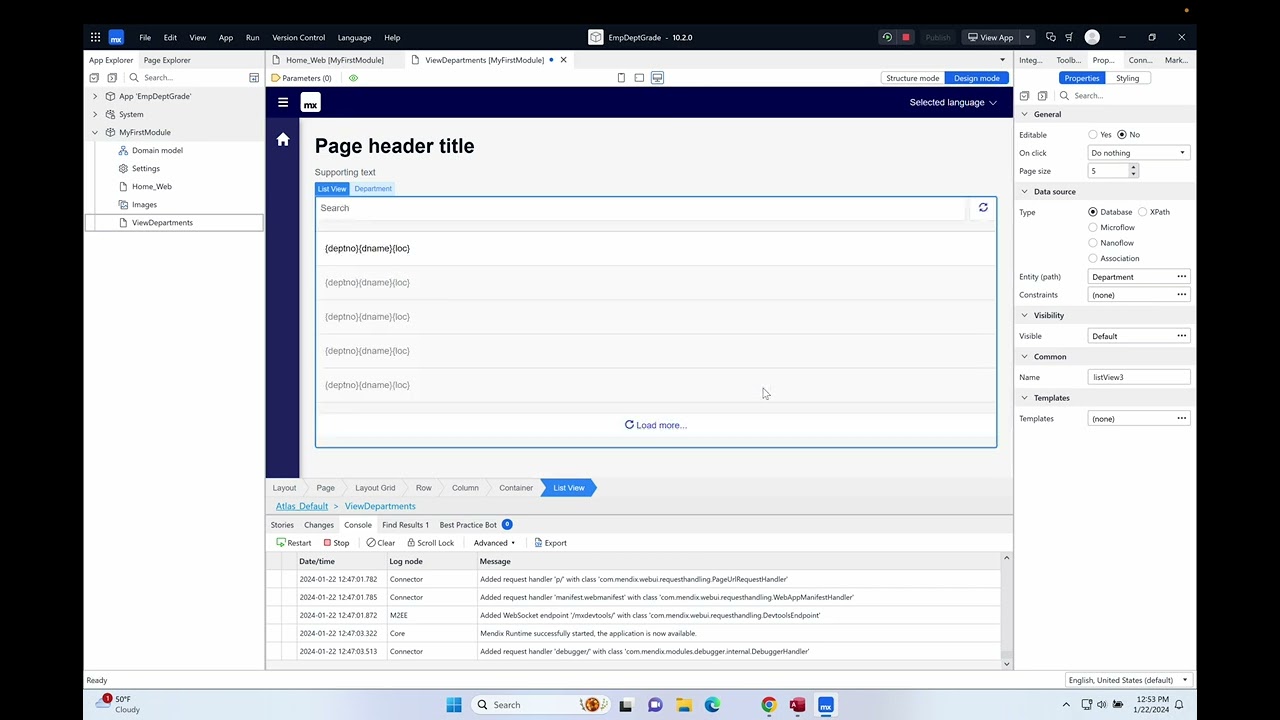 Mendix Week 3 - Part 05 Creating the Department list view