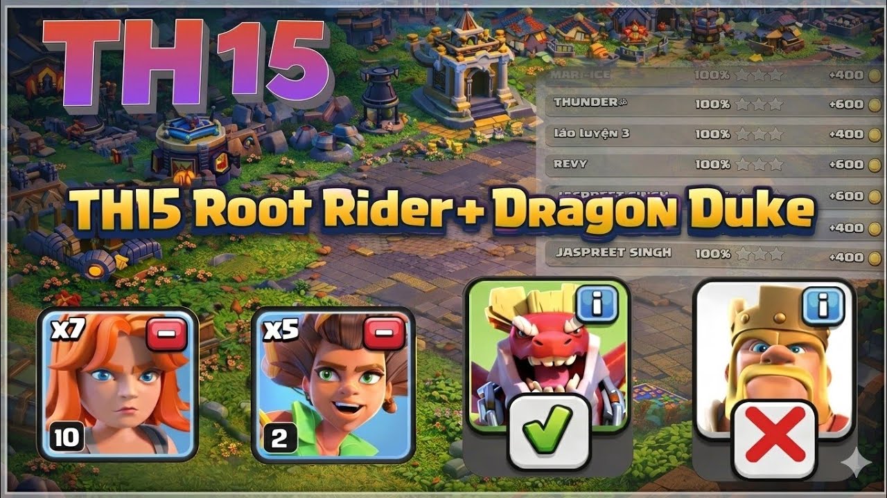 TH 15 Root Rider plus dragon Duke vs th16 attack #coc #clashofclans #rootriderstrategy #th15 #th16