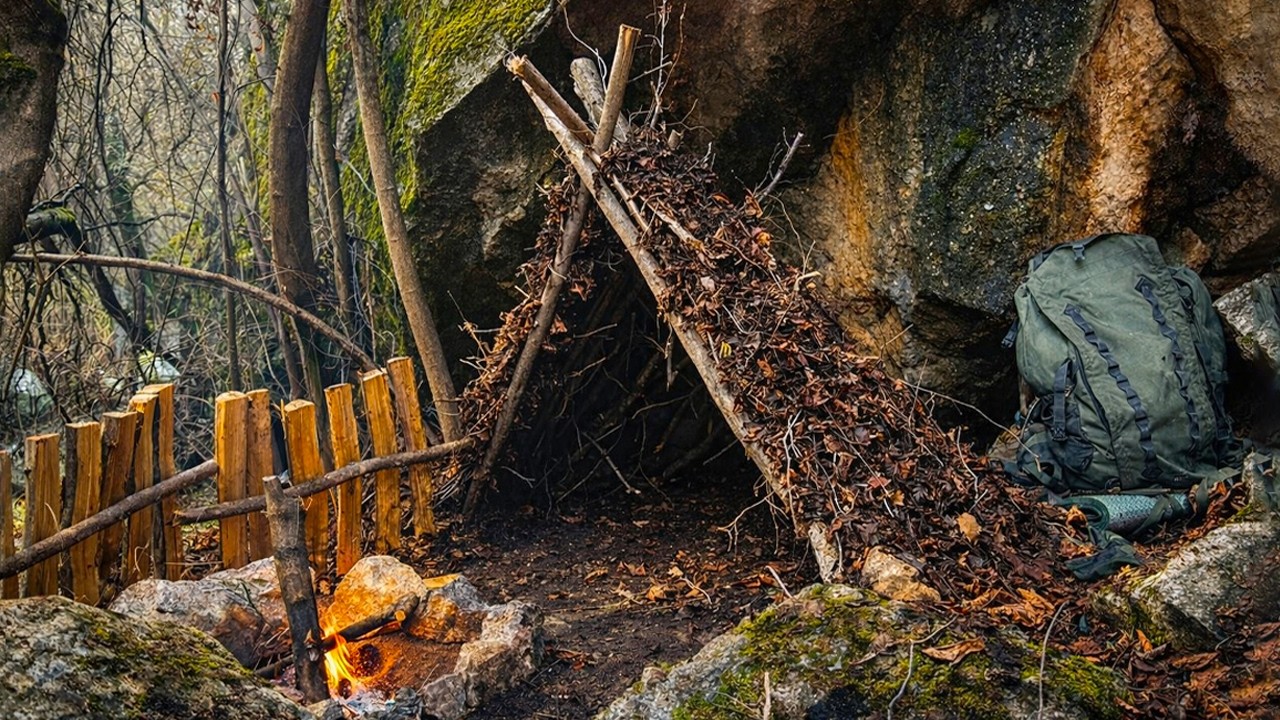 I Built a Hidden Shelter Under a Massive Rock