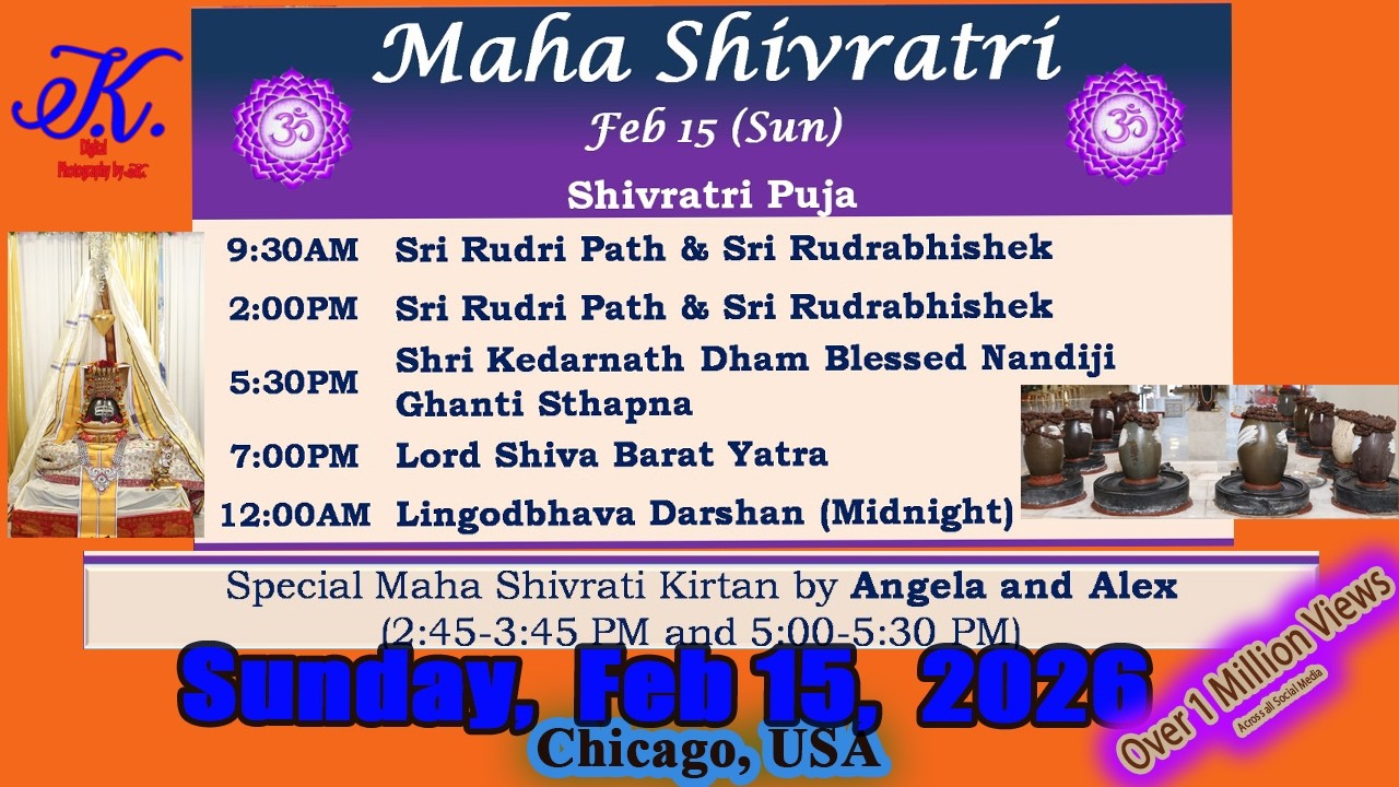 Maha Shivratri, Sunday, Feb 15, 2026, Shivratri & char Prahar Puja, Kirtan by Angela & Alex, #shiv