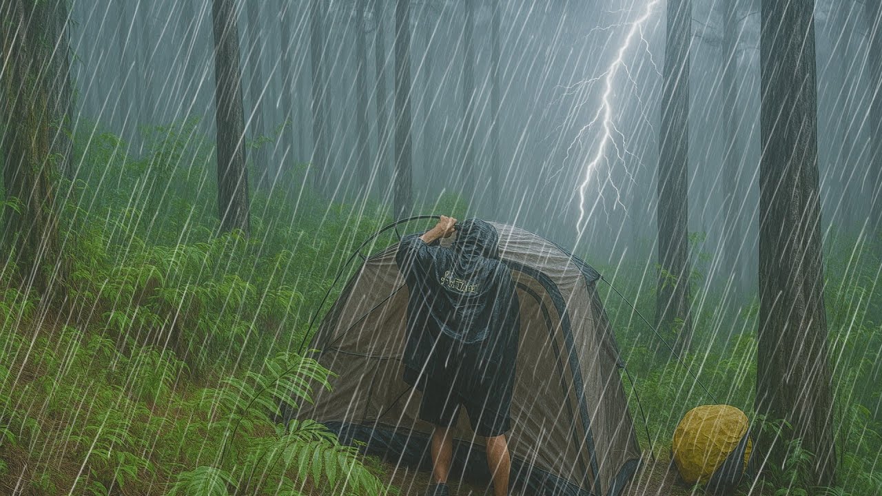CAMPING IN THE MIDDLE OF HEAVY RAIN AND THUNDER ⛈️ CAUGHT IN HEAVY RAIN WHILE SETTING UP A TENT