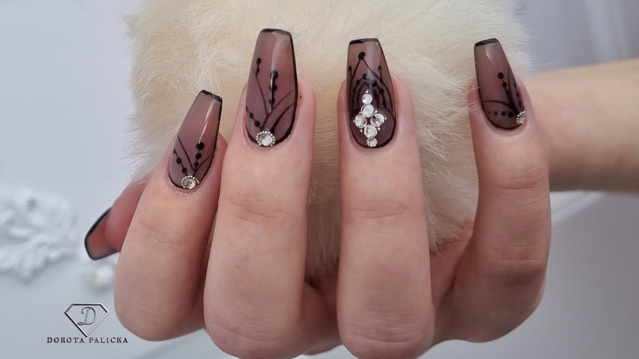 Black sheer chain nail art with crystals. gel rebalance step by step